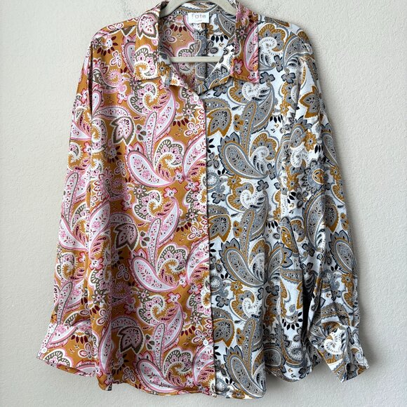 Fate Tops - Fate Boho Mixed Paisley Print Satin Button Down Long Sleeve Blouse Shirt